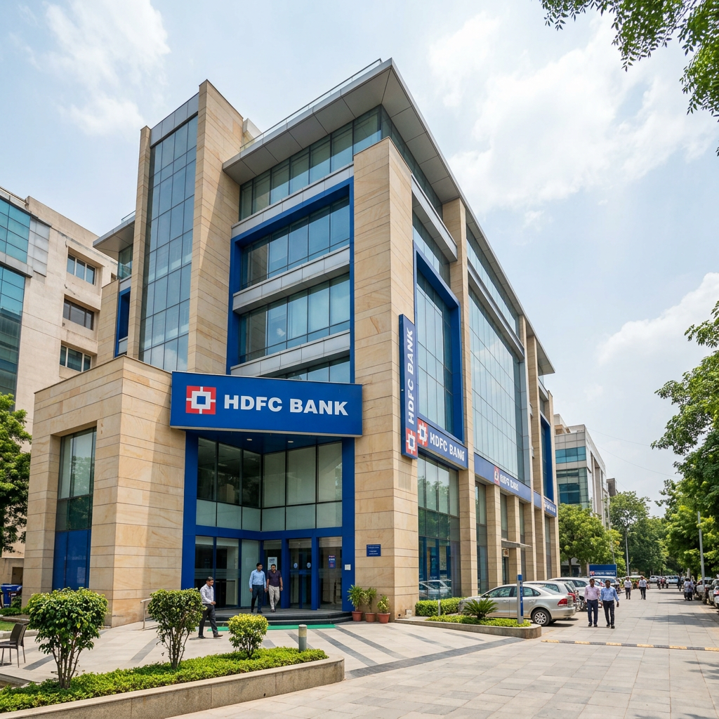 Modern multi-story HDFC Bank building with glass windows and beige stone facade